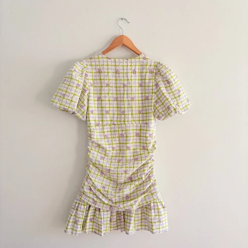 Zara Draped Checkered Mini Dress White Green Purple Size Small - Picture 4 of 7